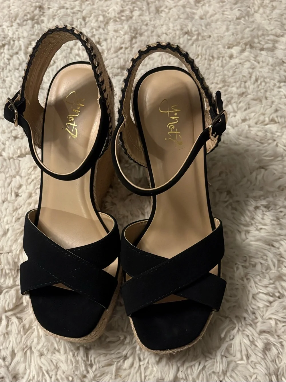 Y-Not Lorita Black Crisscross Ankle Strap Wedge Sandals